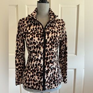 Jones New York Beige and Black Leopard Zip-Front Bomber Jacket